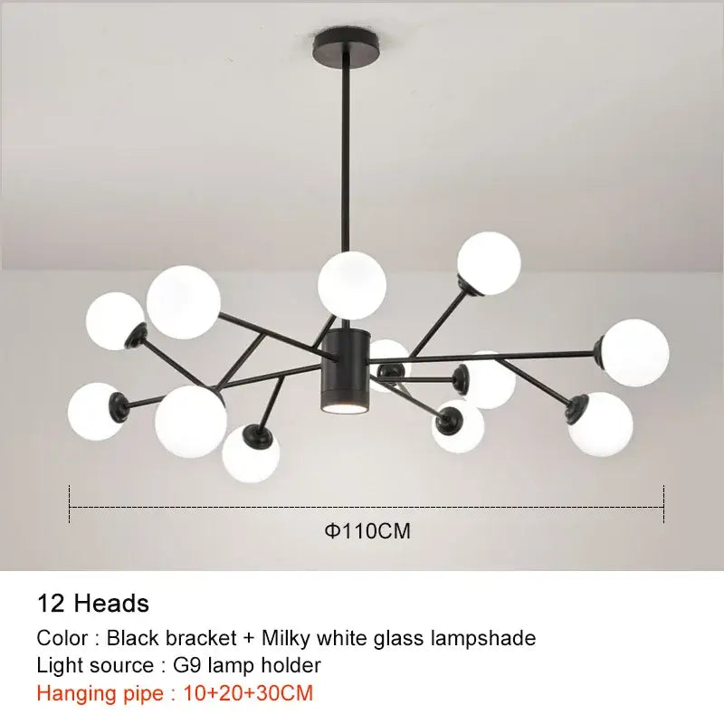 Decorbites black chandelier with twelve milky white glass globes designed for living room lighting