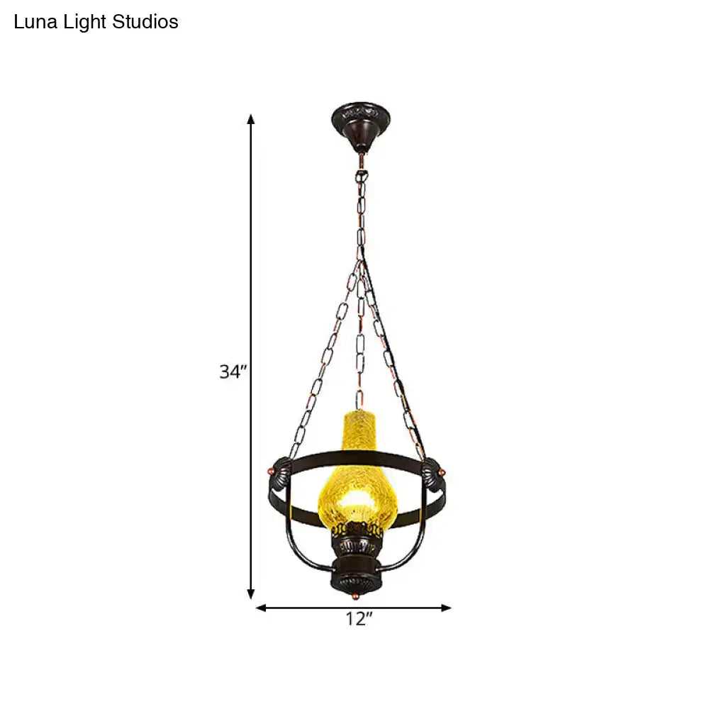 DecorBites black crackle glass pendant light with antique bronze metal frame and classic vase shade hanging lamp
