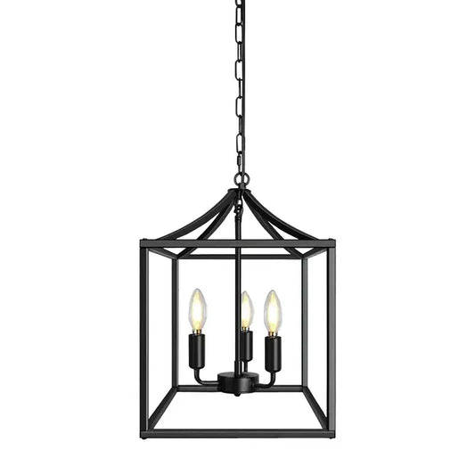 Decorbites black farmhouse chandelier lantern pendant light with black metal frame and three exposed bulbs for dining room