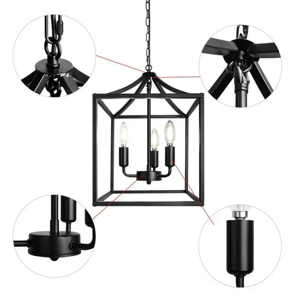 Decorbites black farmhouse chandelier lantern pendant light with three exposed bulbs for dining room lighting