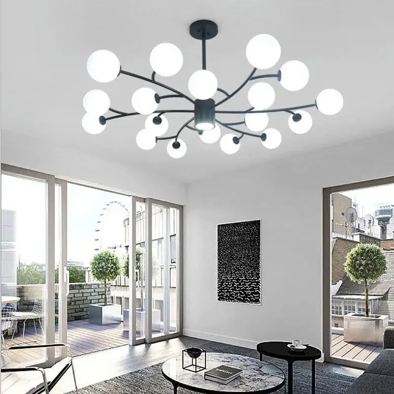 Decorbites black glass ball molecule chandelier with black metal frame and frosted white glass balls for nordic luxury design