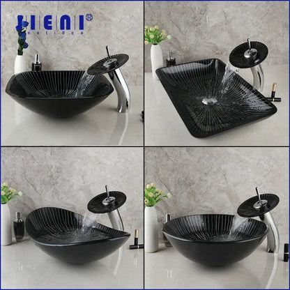 Decorbites black glass bathroom sink set with hand painted design features a sleek black glass vessel sink with radial etching
