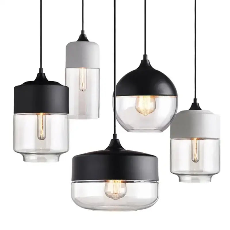 DecorBites black glass pendant light fixture with clear glass shades and exposed filament bulbs for modern indoor decor