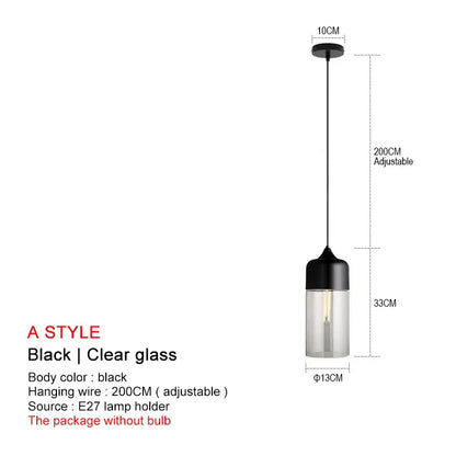 DecorBites black glass pendant lights featuring black cylindrical pendant with clear glass and adjustable hanging wire