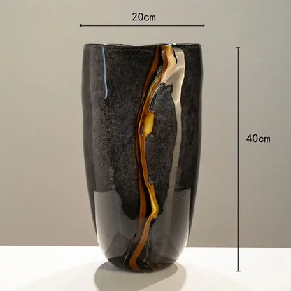 Decorbites black glass tall vase with glossy finish and golden brown stripe for floral arrangement and room decoration