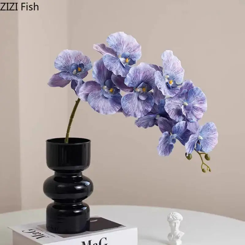 Decorbites black glass vase with purple and blue gradient artificial flowers in a sleek black ceramic vase for stylish decor