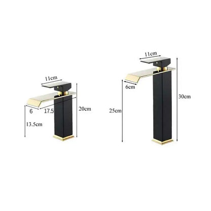 Modern black gold basin faucet by DecorBites with sleek rectangular waterfall design for bathroom sink deck mounting