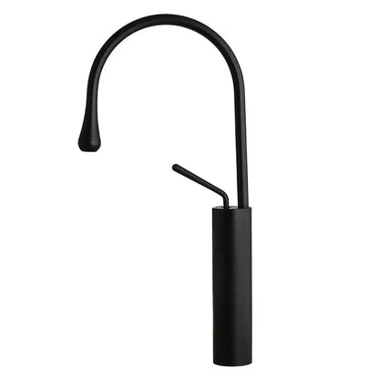 Decorbites black gold basin faucet with black matte finish, sleek curved spout, cylindrical base, and swivel hot cold handles