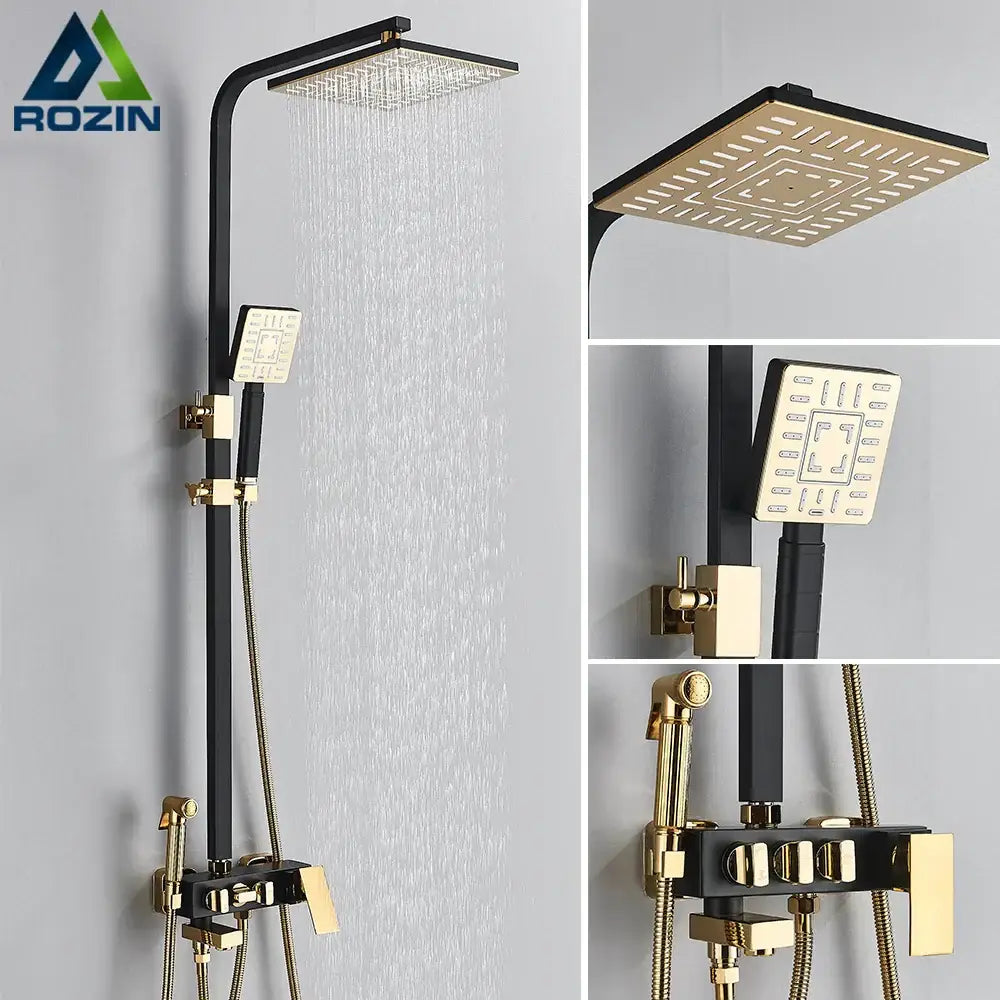 Decorbites black gold bidet shower faucet set with square rainhead handheld spray and mixer tap in two-tone finish