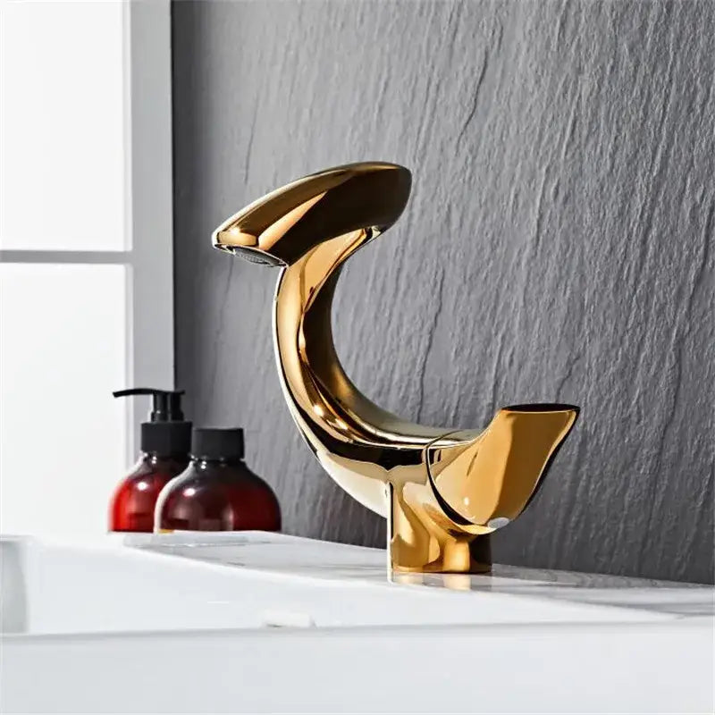 Golden sleekly curved decorbites black gold brass bathroom faucet mixer for sink deck mounted in chrome gray