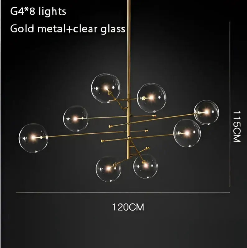 DecorBites black gold brass chandelier featuring eight clear glass globe lights with vintage geometric design
