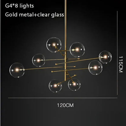 DecorBites black gold brass chandelier featuring eight clear glass globe lights with vintage geometric design