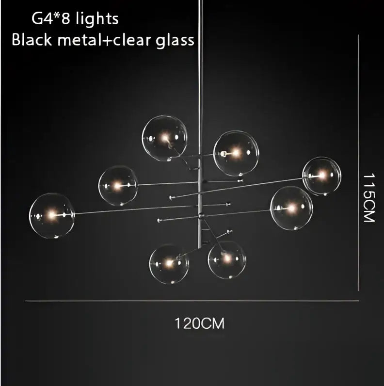 Decorbites black gold brass chandelier with eight clear glass globe lights and vintage geometric design