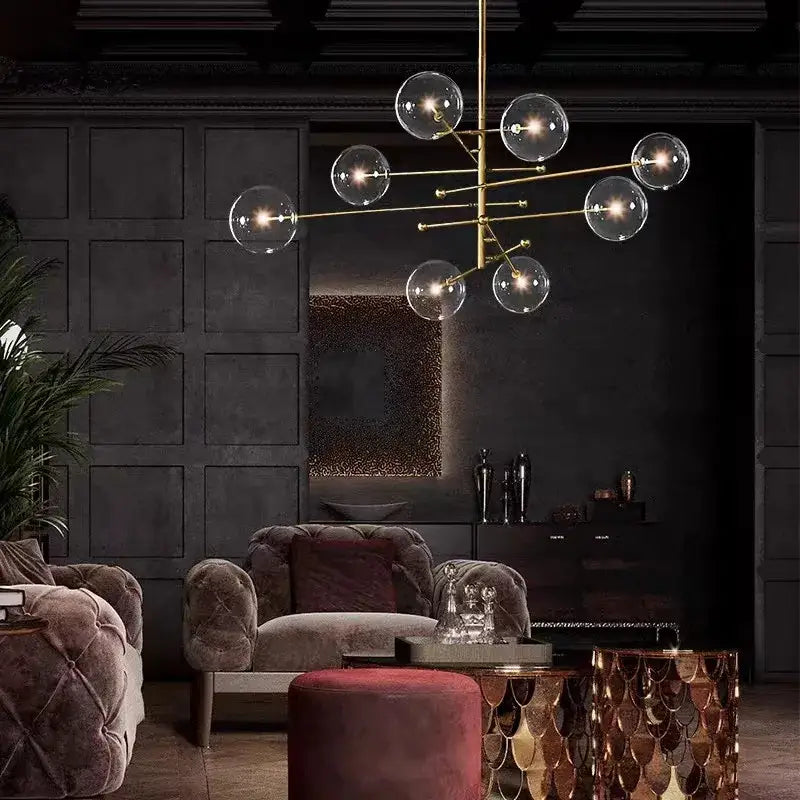 DecorBites black gold brass chandelier with gold-toned frame and clear glass globe bulbs in vintage geometric design