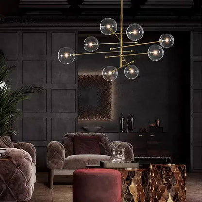 DecorBites black gold brass chandelier with gold-toned frame and clear glass globe bulbs in vintage geometric design
