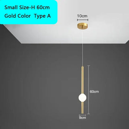 Decorbites black gold ceiling pendant featuring a gold minimalist cylindrical stem and spherical bulb for bedroom lighting