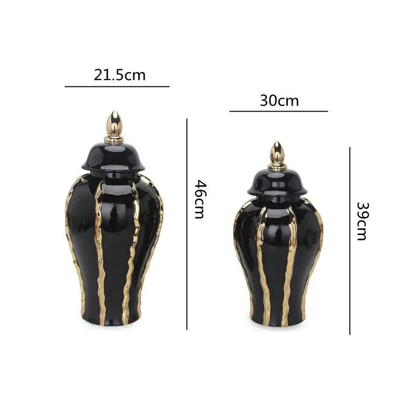 DecorBites™ black gold ceramic pot vintage flower vase with glossy finish and matching lids for home decoration