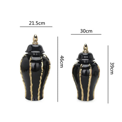 DecorBites™ black gold ceramic pot vintage flower vase with glossy finish and matching lids for home decoration