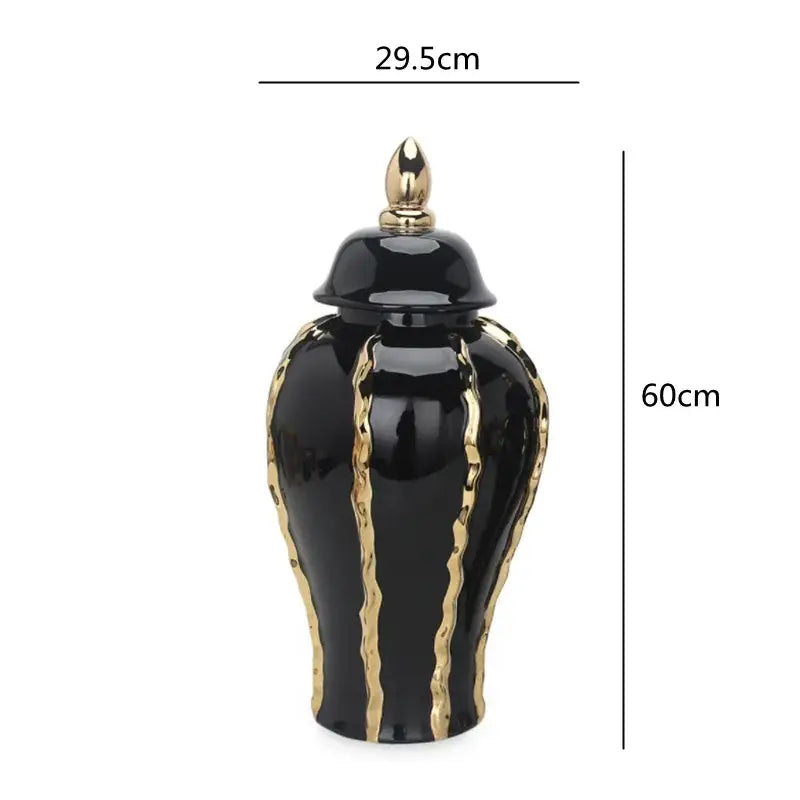 DecorBites™ black ceramic pot vintage bottle with gold decorative stripes and lid 60cm tall flower vase for home decoration