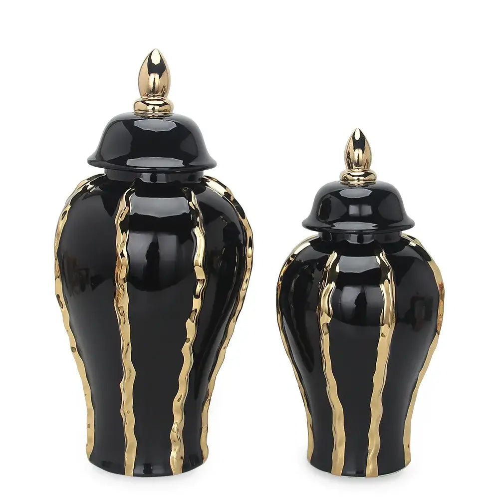 DecorBites™ black ceramic pot vintage with gold-toned wavy stripes and matching lids flower vase for home decoration