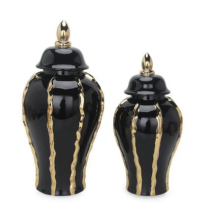 DecorBites™ black ceramic pot vintage with gold-toned wavy stripes and matching lids flower vase for home decoration
