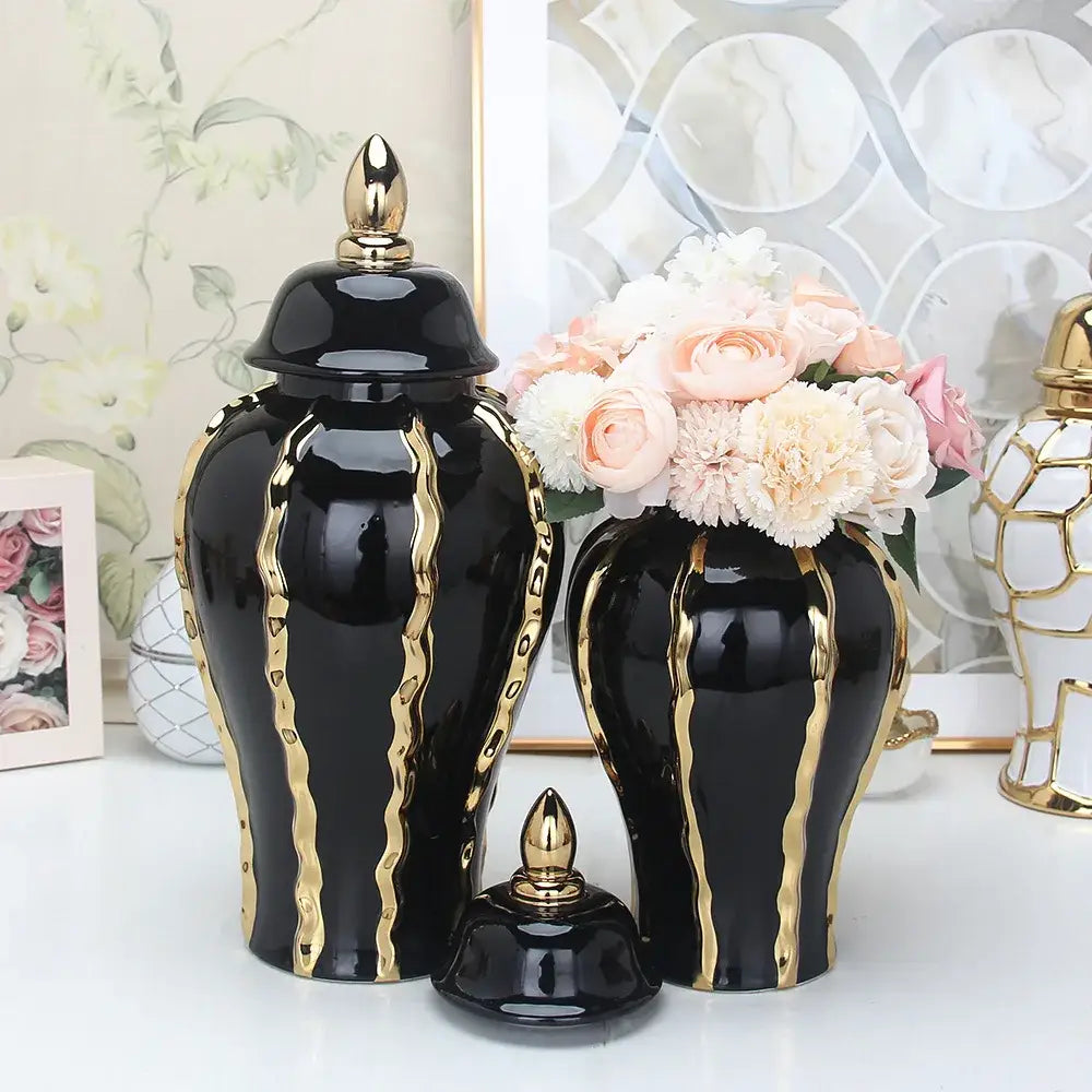 DecorBites™ black gold ceramic pot vintage flower vase with gold zigzag accents and matching golden lid for home decor