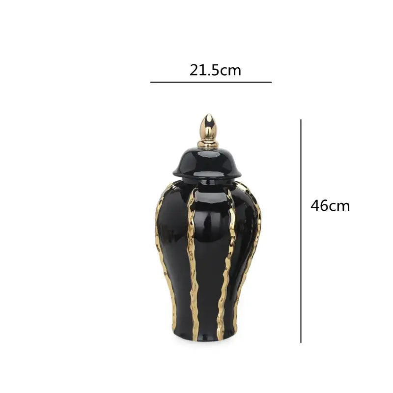 DecorBites™ black gold ceramic pot vintage flower vase with decorative stripes and ornate golden finial lid