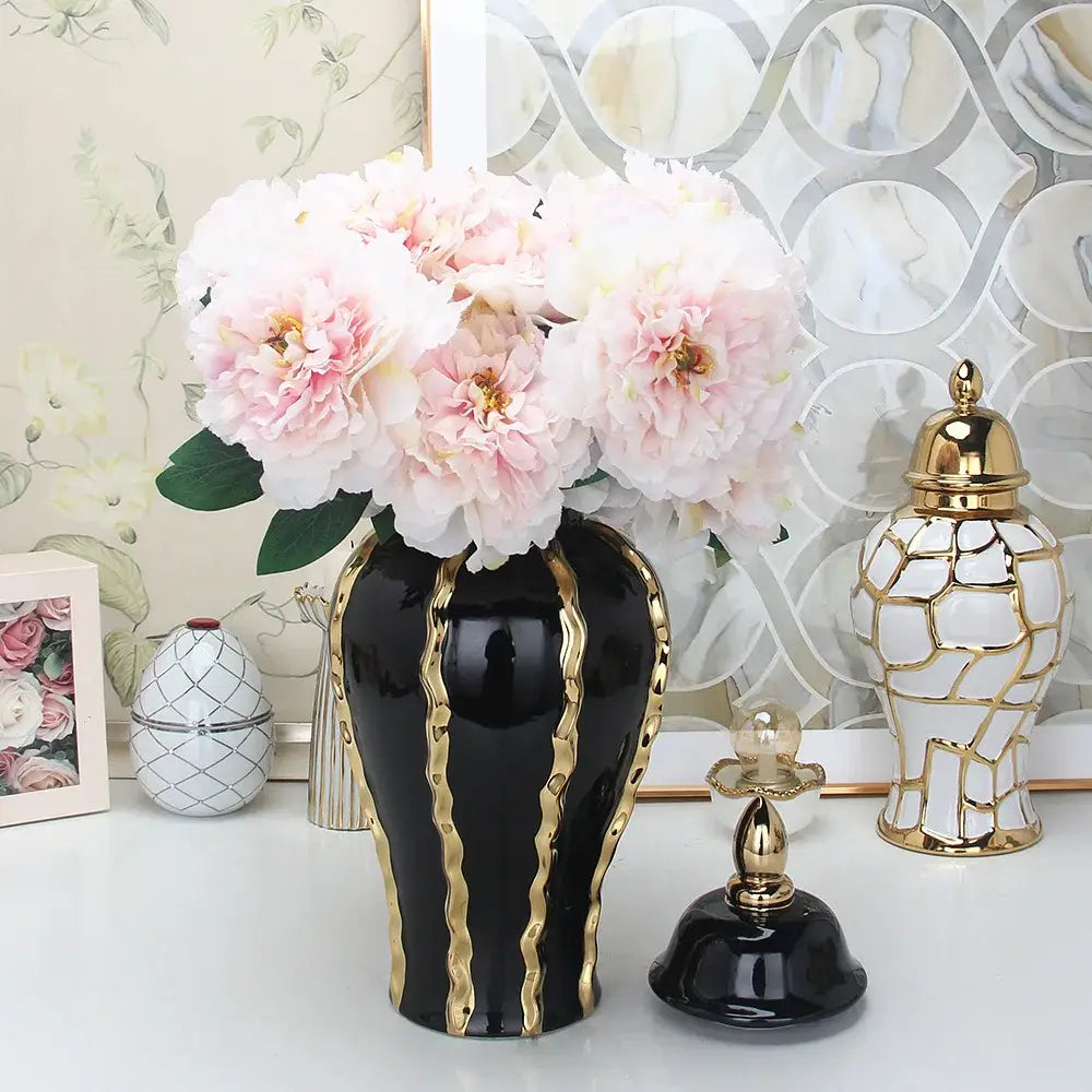DecorBites black gold ceramic pot vintage flower vase with glossy finish holding pink peonies for home decoration