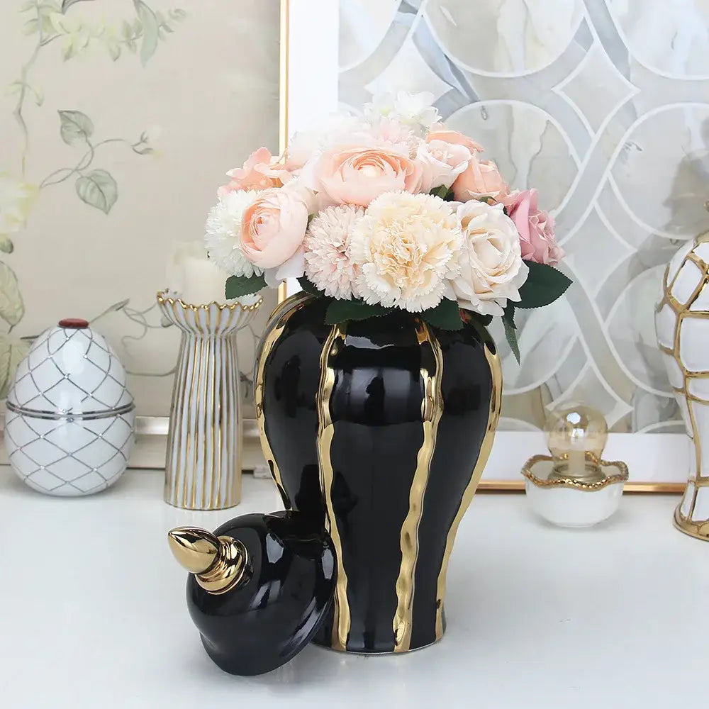 DecorBites™ black gold ceramic pot vintage flower vase with lid holding pink and cream artificial roses for decoration
