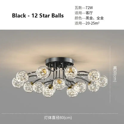Decorbites black gold chandelier featuring a black 12-star ball ceiling light with clear glass orbs and sleek metal frame