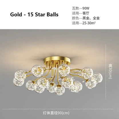 Decorbites black gold chandelier with gold finish and fifteen clear glass spherical bulbs in a starburst pattern