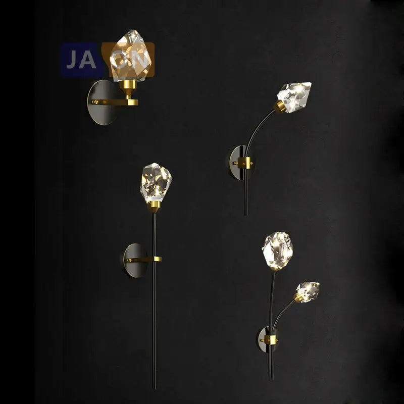 Decorbites black gold copper crystal led wall sconce light with black arms and gold-toned accents for bedroom corridor