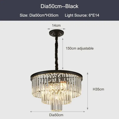 Decorbites black gold crystal ceiling chandelier with cascading prisms and adjustable chain for luxe living spaces