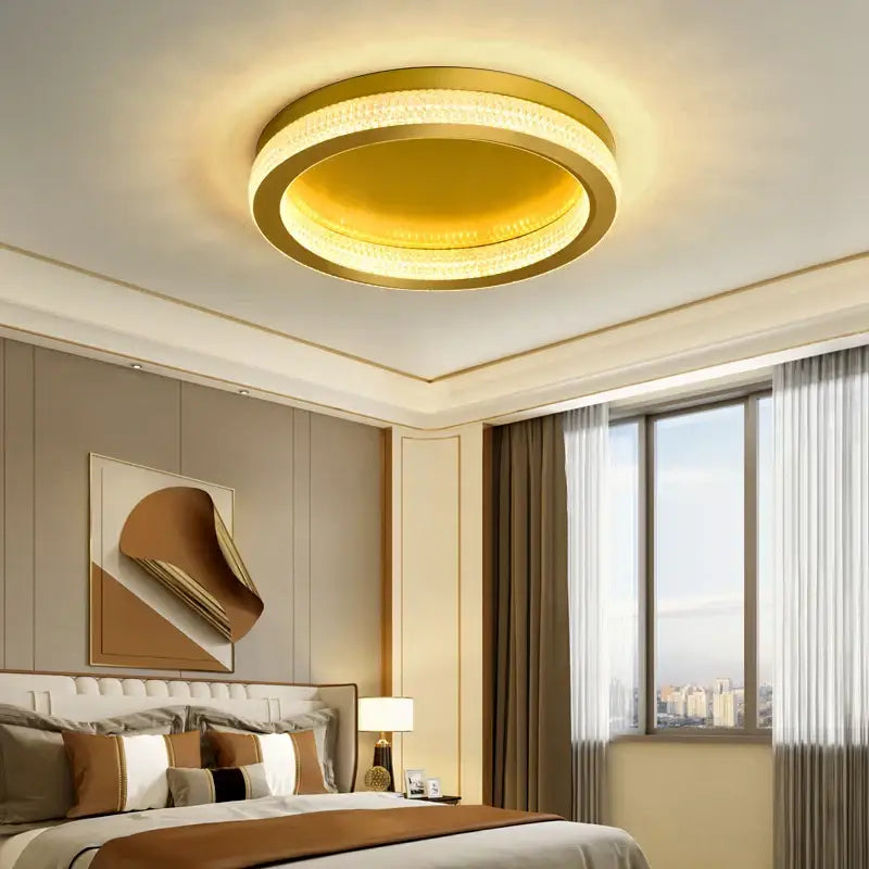 Decorbites black gold crystal chandelier ceiling light with textured illuminated ring and warm ambient glow for living room