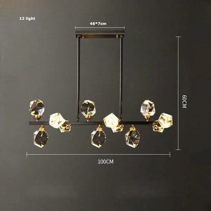 Modern black metal DecorBites black gold crystal chandelier with twelve faceted pendants and gold-toned accents for luxury decor