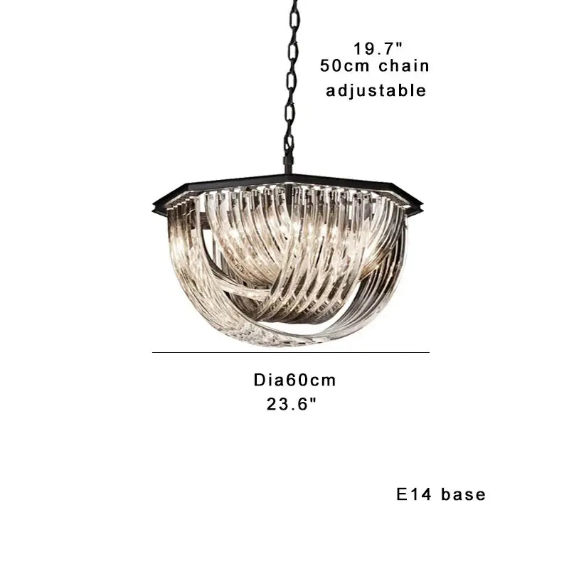 Modern decorbites black gold crystal pendant lights with black metal frame and cascading translucent glass ribbons