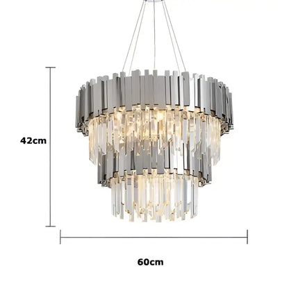 Decorbites black gold lighting fixture featuring a chrome-finished tiered chandelier with cascading black gold crystal prisms
