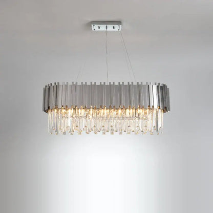 Modern oval decorbites black gold crystal lighting fixture with sleek chrome frame and cascading clear prisms chandelier