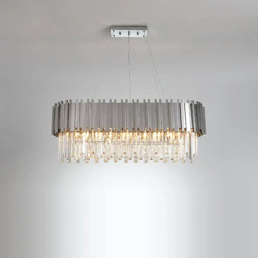 Modern oval decorbites black gold crystal lighting fixture with sleek chrome frame and cascading clear prisms chandelier