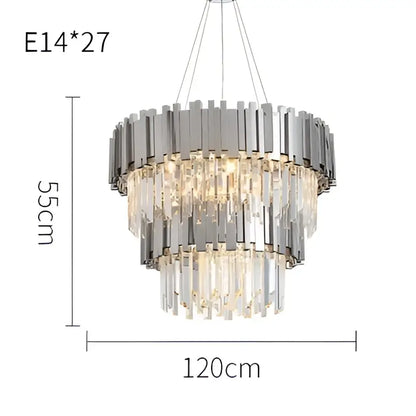 Chrome-finished tiered lighting fixture with cascading crystal droplets in decorbites black gold crystal design