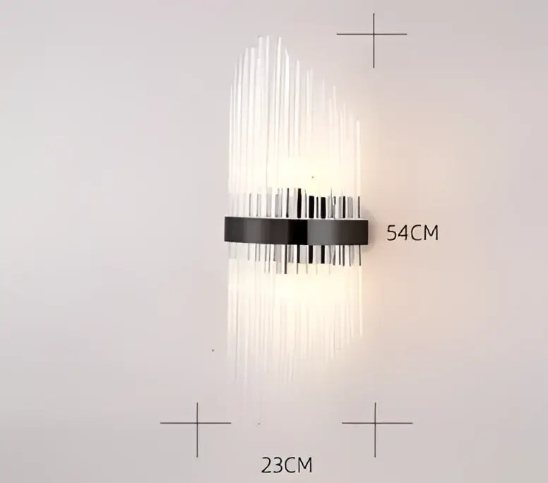 Modern decorbites black gold crystal wall sconce with sleek black metal band and cascading clear glass prisms for living room