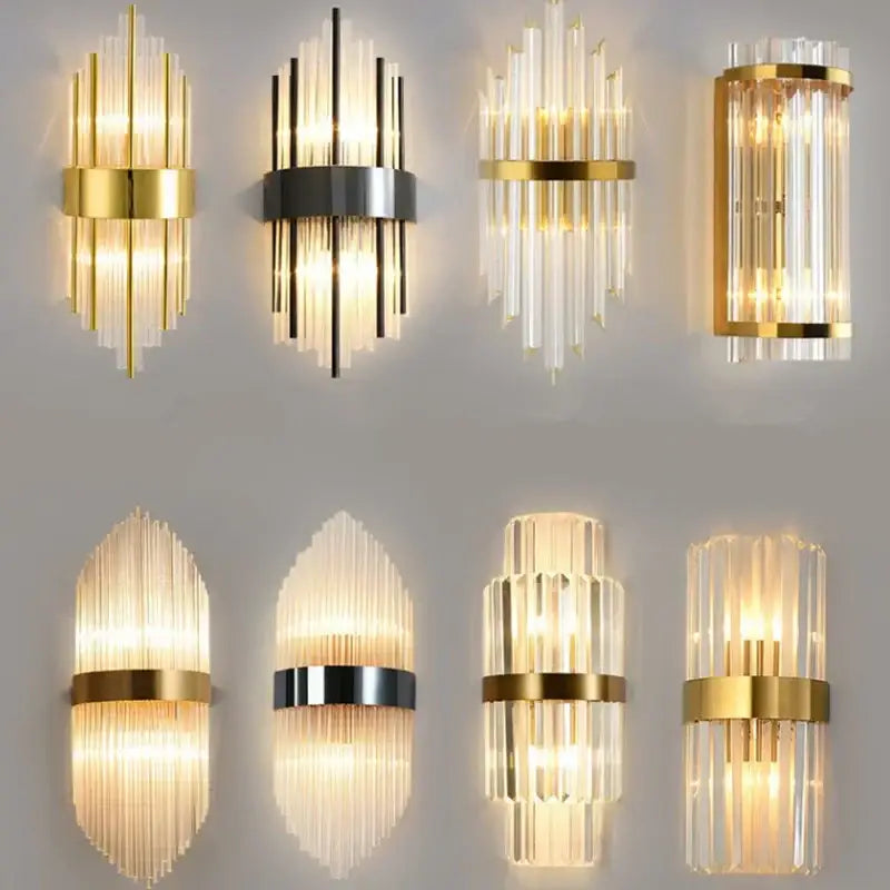 DecorBites black gold crystal wall sconce with vertical glass rods modern LED light for bedroom and living room decor