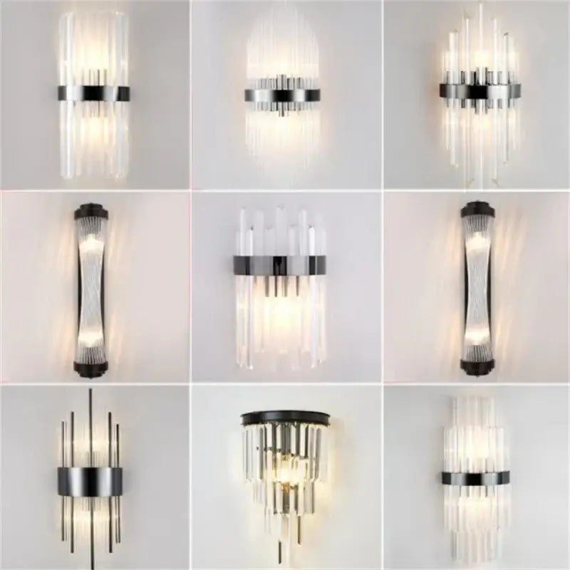 Decorbites black gold crystal wall sconce with sleek metal frame and vertical glass rods for bedroom and living room decor
