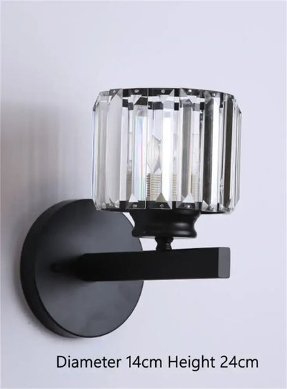 Decorbites black metal wall sconce with cylindrical crystal shade led light for bedroom and living room decor