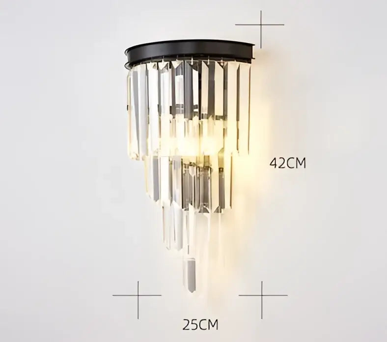DecorBites black gold crystal wall sconce with cascading clear crystal prisms led light for bedroom and living room decor