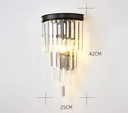 DecorBites black gold crystal wall sconce with cascading clear crystal prisms led light for bedroom and living room decor