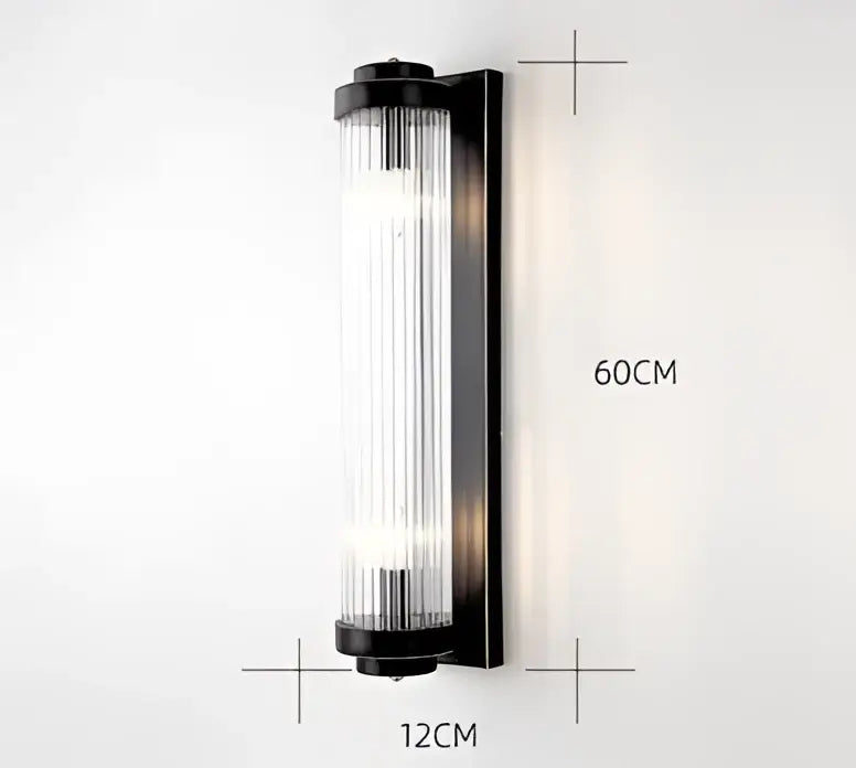 Decorbites black gold crystal wall sconce with black frame and vertical ribbed glass panels for bedroom and living room decor