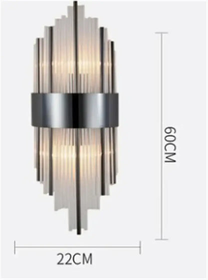 Modern black gold crystal wall sconce with vertical frosted glass tubes and brushed metal band for home décor lighting