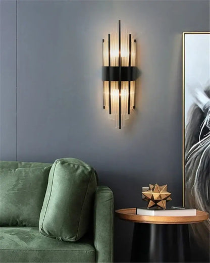 DecorBites black gold crystal wall sconce with vertical glass rods and black metal frame for modern home décor