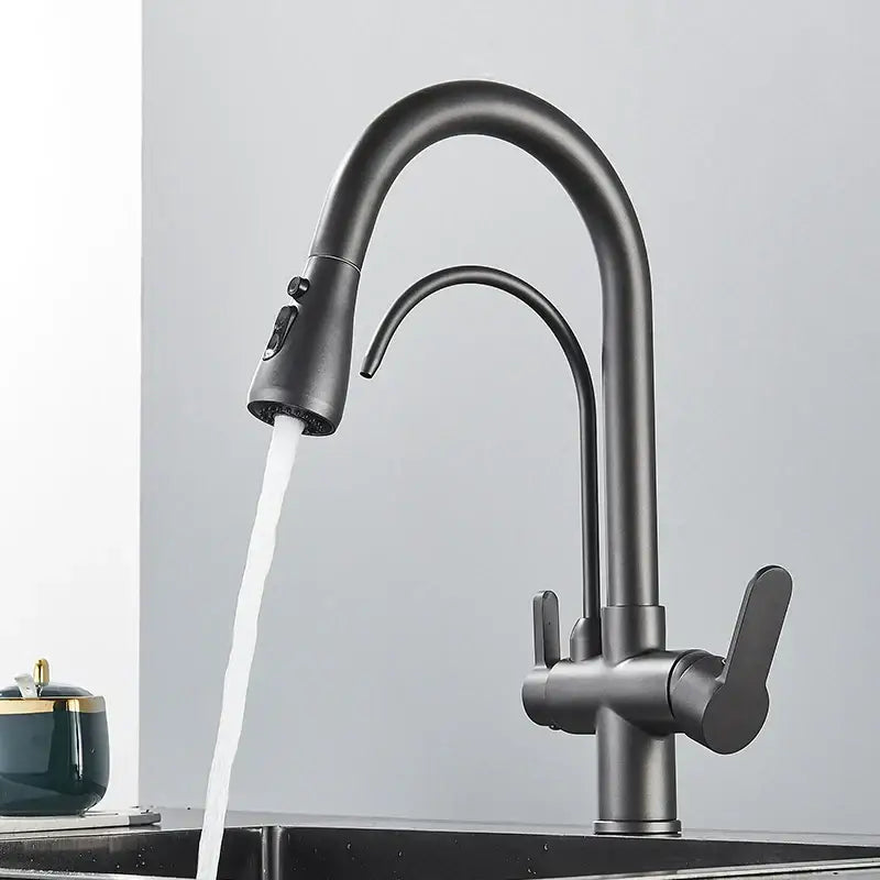 Decorbites black gold filter kitchen faucet in black matte with dual spout, handles, and pull-down spray head